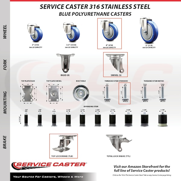 Service Caster 4 Inch 316SS Blue Polyurethane Swivel 3/8 Inch Threaded Stem Caster with Brake SS316TS20S414-PPUB-BLUE-TLB-381615 - main